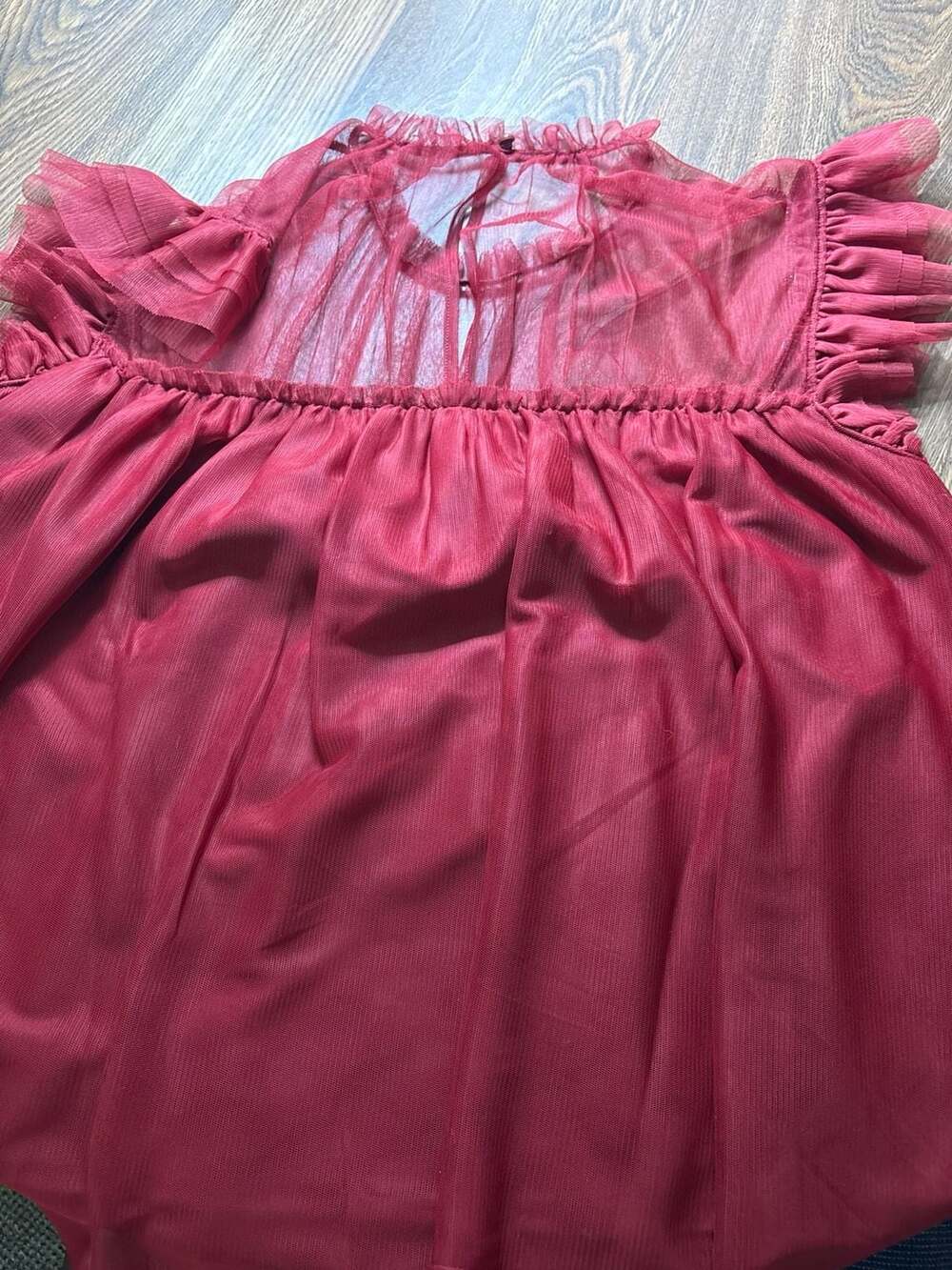 On 34th Bright Rhubarb Tulle Flutter Sleeve Semi-Sheer Top Blouse - Picture 3 of 3